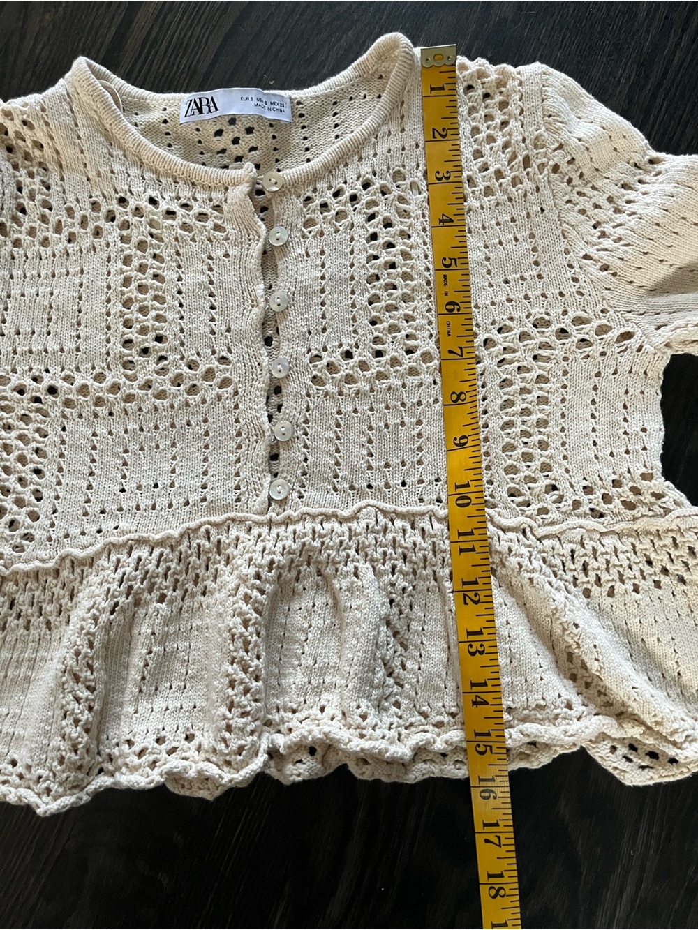 Zara Cream 100% Cotton Crochet Peplum Button-Up Long Sleeve Top Size S - Picture 4 of 7